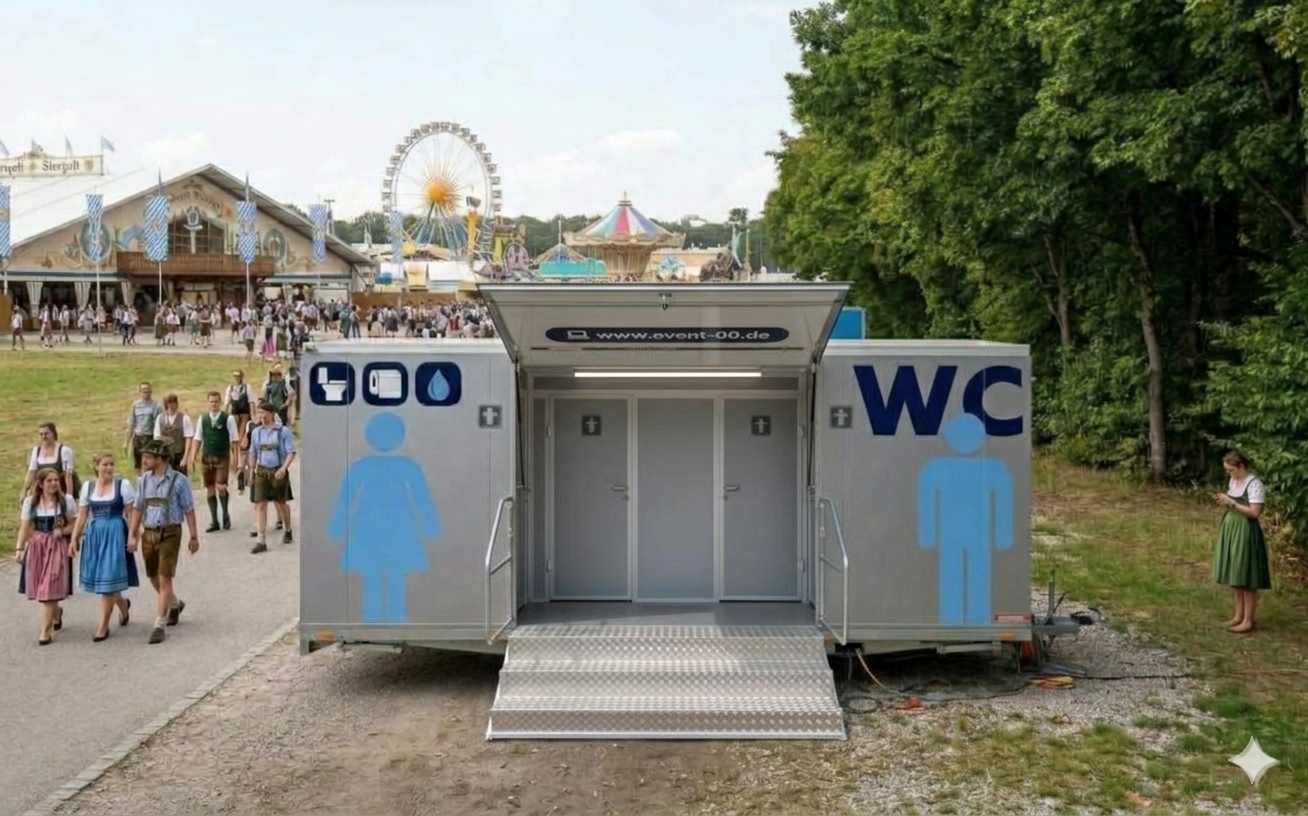 Event-WC Toilettenwagen auf einem Volksfest bei Dämmerung – Premium Sanitärwagen Verleih im Landkreis Passau